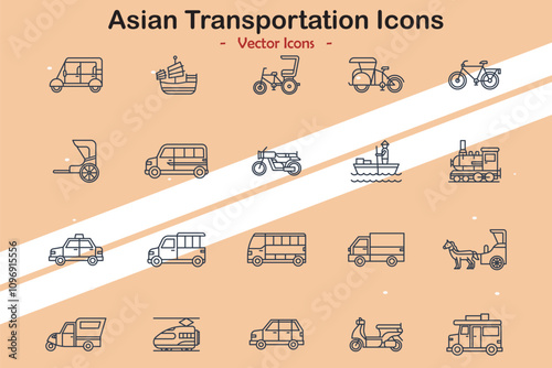 Icons showing modes of transportation unique to Asian regions in vector style