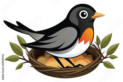 black and white robin bird sit in nest on white