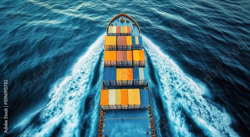  Aerial view of a cargo ship with containers sailing in the open sea photo