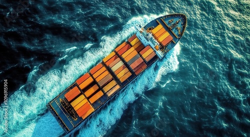  Aerial view of a cargo ship with containers sailing in the open sea photo