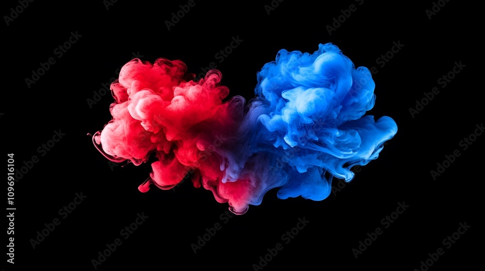 Abstract red and blue ink clouds swirling in water against a black background. Abstract red and blue ink clouds swirling in water against a black background.
