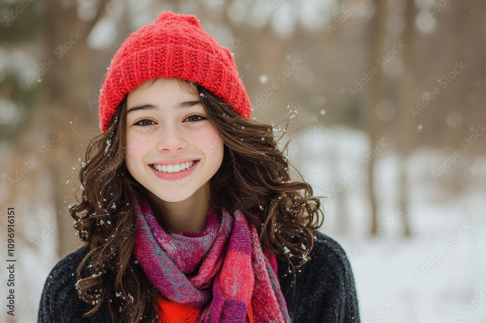 Smiling woman in red knitted hat enjoying a snowy winter day in the park Smiling woman in red knitted hat enjoying a snowy winter day in the park