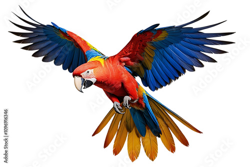 Colorful macaw parrot with vibrant feathers isolated on transparent background, ideal for tropical and exotic design projects photo