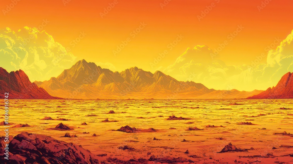 A vibrant sunset over a vast, flat landscape with mountains in the distance and large rocks in the foreground. A vibrant sunset over a vast, flat landscape with mountains in the distance and large rocks in the foreground.