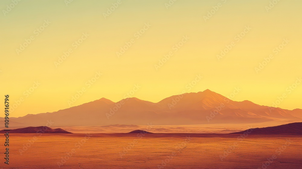 A vast, golden desert landscape stretches out beneath a hazy, orange sunset sky, with a range of mountains in the distance. A vast, golden desert landscape stretches out beneath a hazy, orange sunset sky, with a range of mountains in the distance.