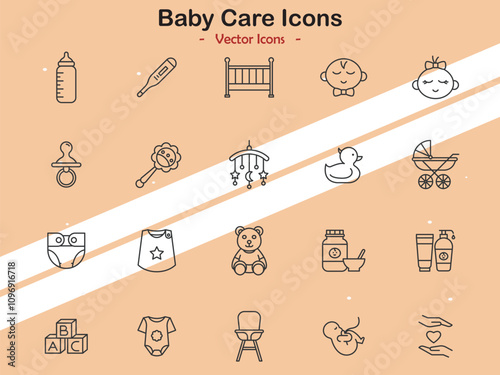 Icons depicting baby care essentials and child care themes in vector style