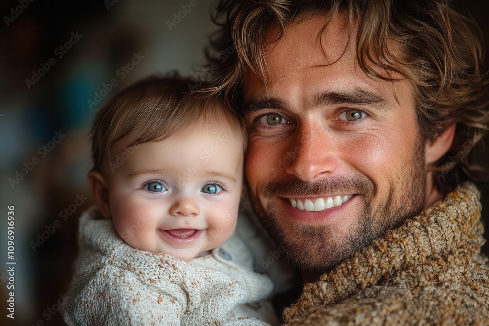 a portrait of a smiling father holding a happy baby at home, embodying love and warmth in a cozy family setting. the scene radiates joy and connection, capturing a heartwarming moment of parenthood a portrait of a smiling father holding a happy baby at home, embodying love and warmth in a cozy family setting. the scene radiates joy and connection, capturing a heartwarming moment of parenthood