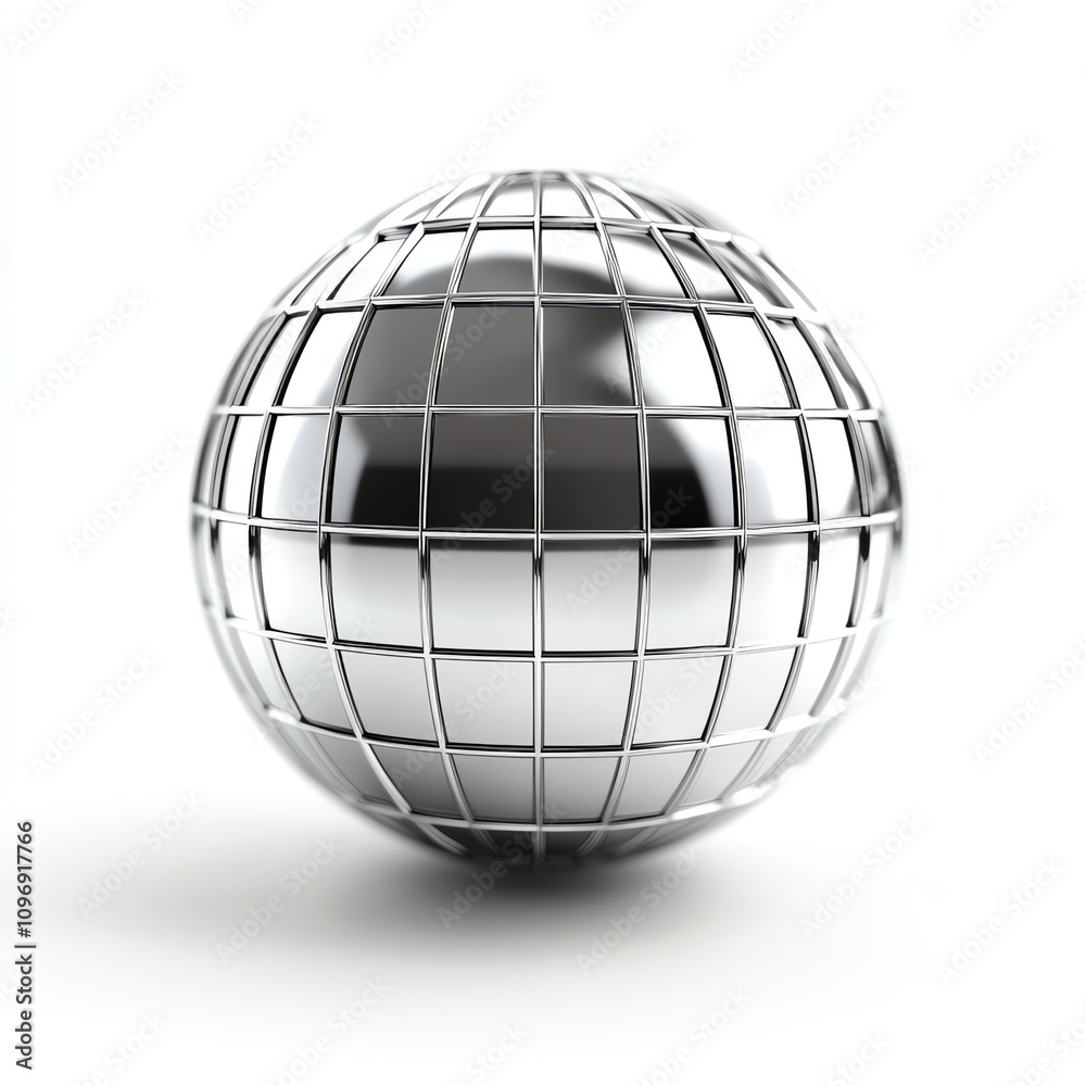 Metallic 3D sphere with a grid pattern, white isolated background. Metallic 3D sphere with a grid pattern, white isolated background.