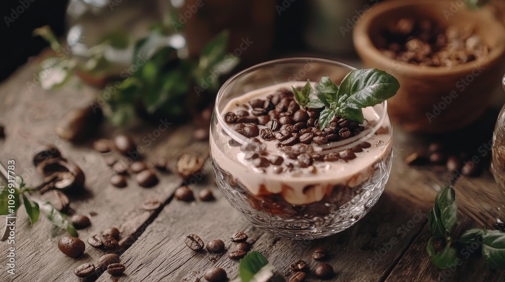 Creamy Dessert in Glass with Coffee Beans and Mint Leaves Creamy Dessert in Glass with Coffee Beans and Mint Leaves