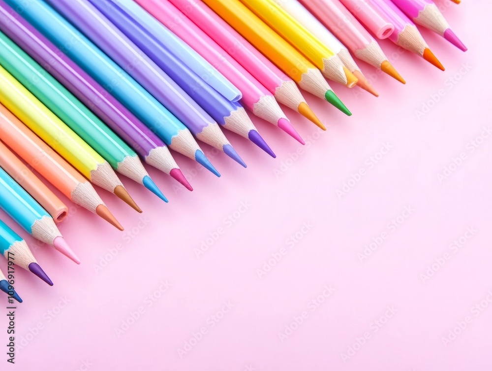 Row of sharpened colorful pencils aligned diagonally on a pastel pink background. Row of sharpened colorful pencils aligned diagonally on a pastel pink background.