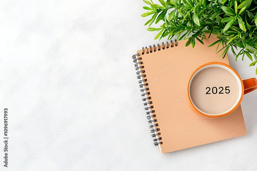 2025 New Year resolutions habits concept. A cozy workspace featuring a notebook, a coffee cup marked 2025 New Year resolutions habits concept. A cozy workspace featuring a notebook, a coffee cup marked