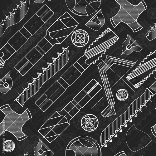 Mechanical engineering drawings on black background. Tap tools, borer. Technical Design. Cover. Blueprint. Seamless pattern. Vector illustration.