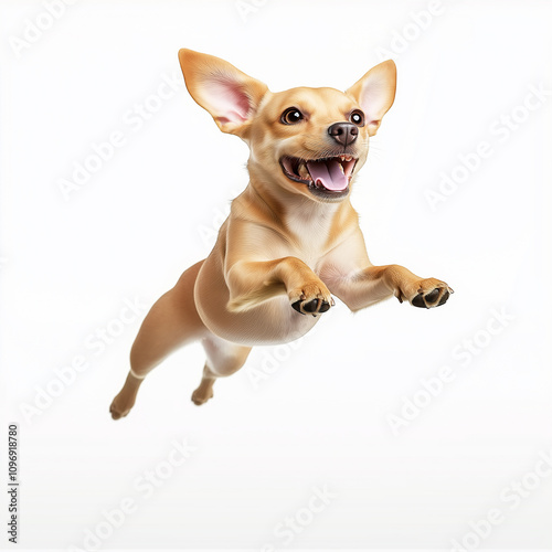 Happy small dog jumping with open mouth and big ears