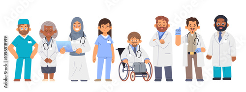 Diverse medical staff on isolated background. Group of multiethnic doctors and nurses vector illustration
