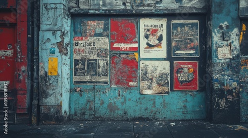 Posters, weathered, on walls outside a concert venue. cinematic. high-definition imagery. Low-Fi photography.