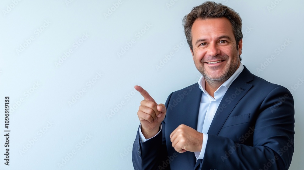 Happy confident mature 50 years old man leader standing isolated on white presenting business ads. Smiling professional businessman manager wearing suit pointing at copy space. Happy confident mature 50 years old man leader standing isolated on white presenting business ads. Smiling professional businessman manager wearing suit pointing at copy space.