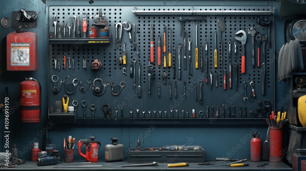 mechanic's wall with tools in an auto repair shop, tool rack and magnetic strips holding wrenches