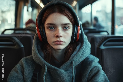 Pensive woman in hoodie and headphones riding public transport
