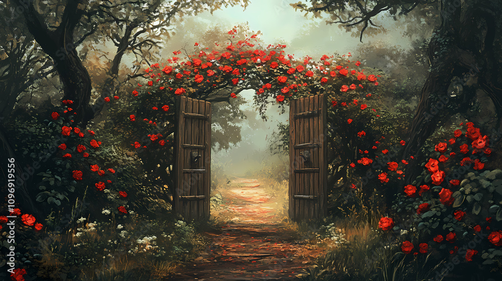 Magical wooden gate adorned with red flowers amidst a mystical forest at dusk. Mystic Twilight Path. Illustration