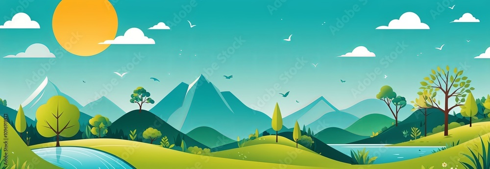 Obraz premium serene landscape of rolling green hills, majestic mountains, and lush trees under a bright blue sky. Perfect for a peaceful summer day.