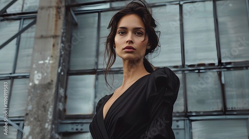 The photo showcases a woman in a minimalist black dress, confidently posed in front of an industrial building, Photography, National Geographic Style, clean lines, striking contrasts, a modern, edgy c