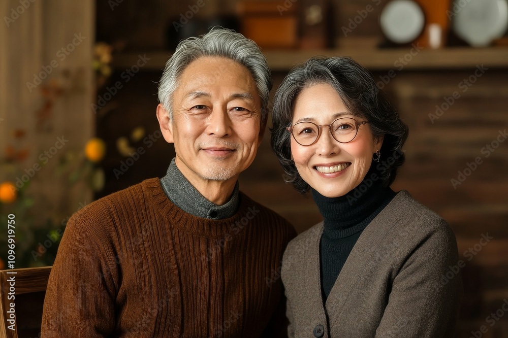Cheerful elderly couple relaxing at home in warm attire Cheerful elderly couple relaxing at home in warm attire
