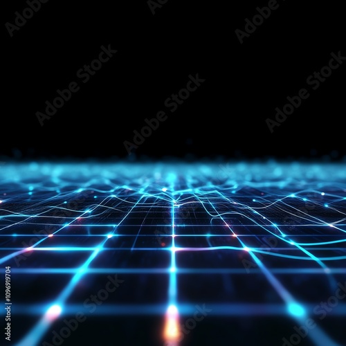 Futuristic digital grid with glowing lines, dark background.