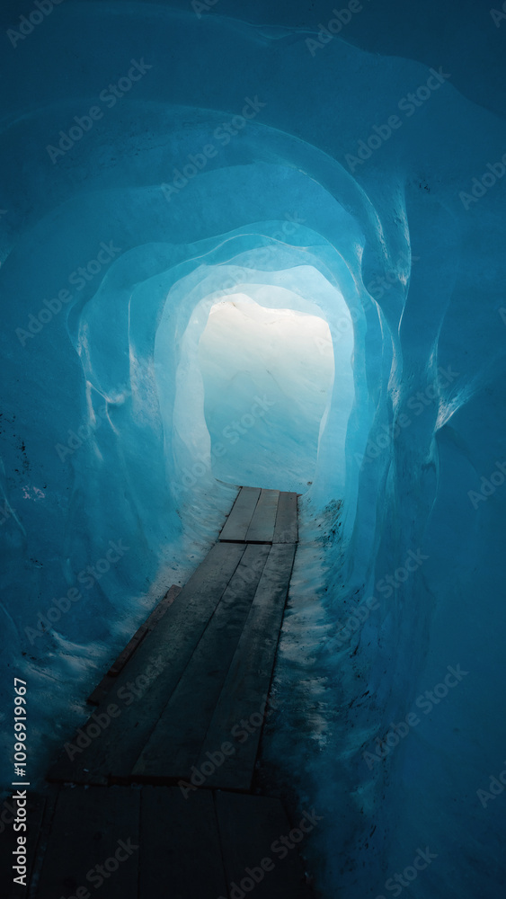 Obraz premium Inside Rhône Glacier. Light at the end of the blue ice grotto. Wooden walkway in tunnel inside a glacier.