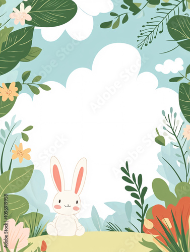 Playful Bunny Illustration in a Lush Garden with Flowers and Sky Forming a Whimsical Frame with a large empty space, perfect for adding an invitation or message photo