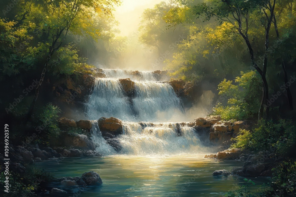 a serene pastel landscape painting of cascading waterfalls amidst lush greenery, with soft colors blending harmoniously, inviting viewers into a tranquil, dreamy nature scene a serene pastel landscape painting of cascading waterfalls amidst lush greenery, with soft colors blending harmoniously, inviting viewers into a tranquil, dreamy nature scene