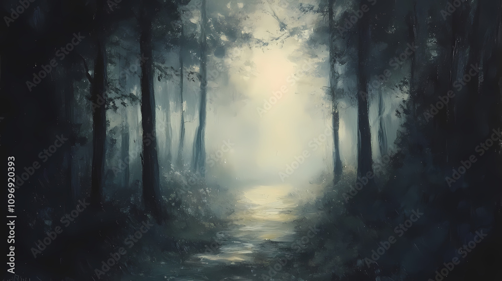Dark forest path leading through trees with foggy mist and sunlight in the distance oil painting illustration. Mystic Twilight Path. Illustration