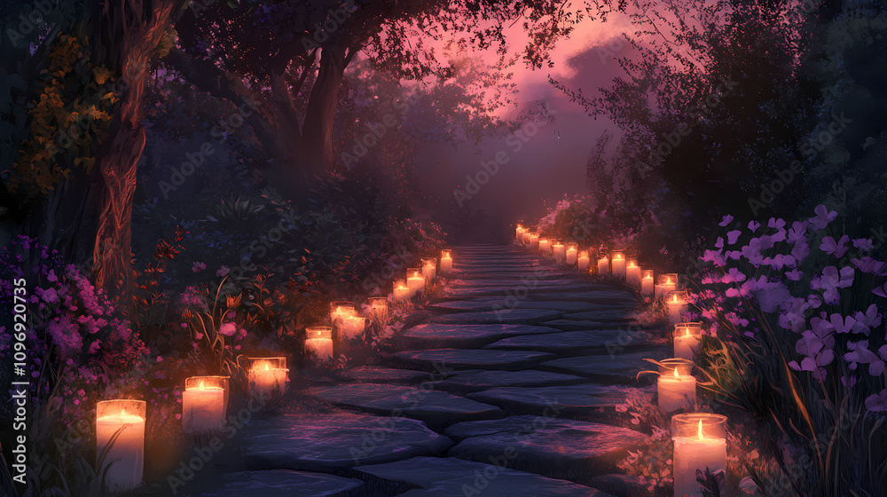 Fototapeta premium Candles lined along a stone path, creating a mystical vibe at dusk. Mystic Twilight Path. Illustration