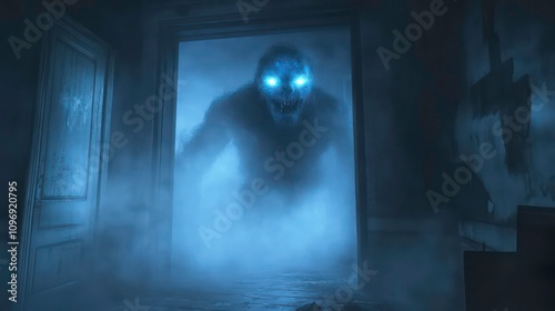 A terrifying blue monster with glowing eyes emerges from a foggy, abandoned room. photo