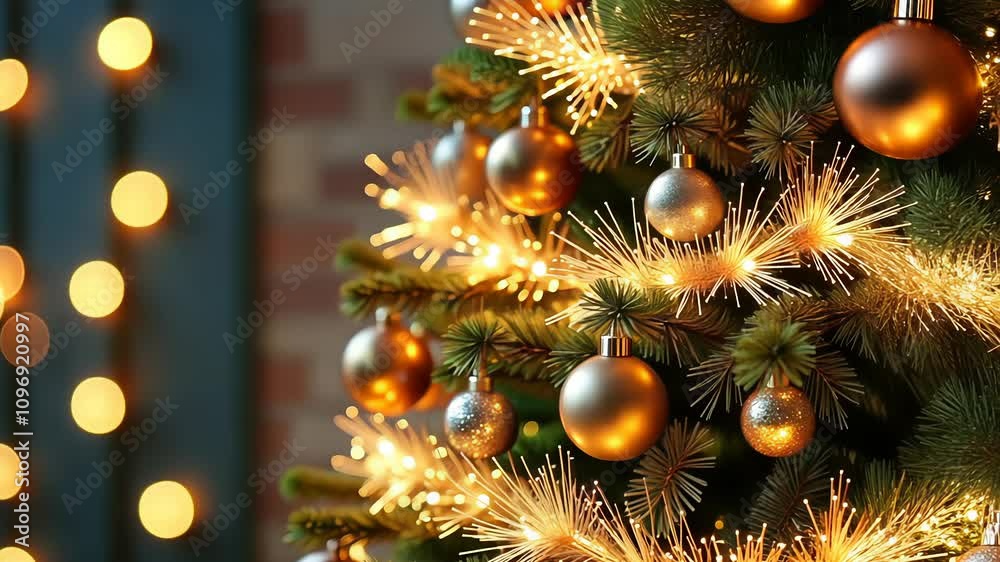Christmas tree glowing with golden lights and ornaments in festive bokeh background Christmas tree glowing with golden lights and ornaments in festive bokeh background