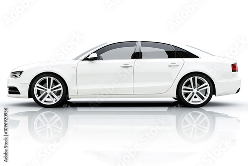 White luxury sedan car on reflective surface