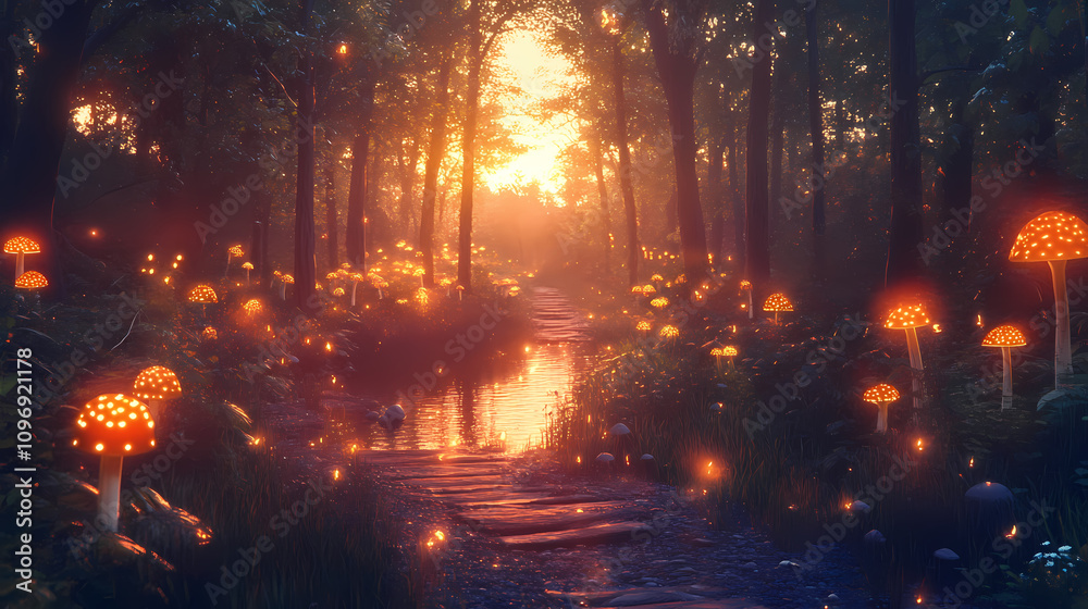 A magical forest path lined with glowing mushrooms and a calm river at sunset. Mystic Twilight Path. Illustration A magical forest path lined with glowing mushrooms and a calm river at sunset. Mystic Twilight Path. Illustration