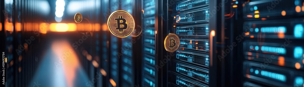 Fototapeta premium Digital crypto tokens spinning in a neon-lit server room at night, high-tech blockchain environment, 3D illustration