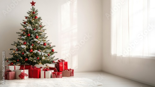 A beautifully decorated Christmas tree with presents underneath, standing in a bright room with a window in the background.