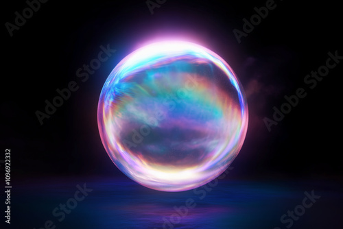 a spherical rainbow aura ball floating in a dark room