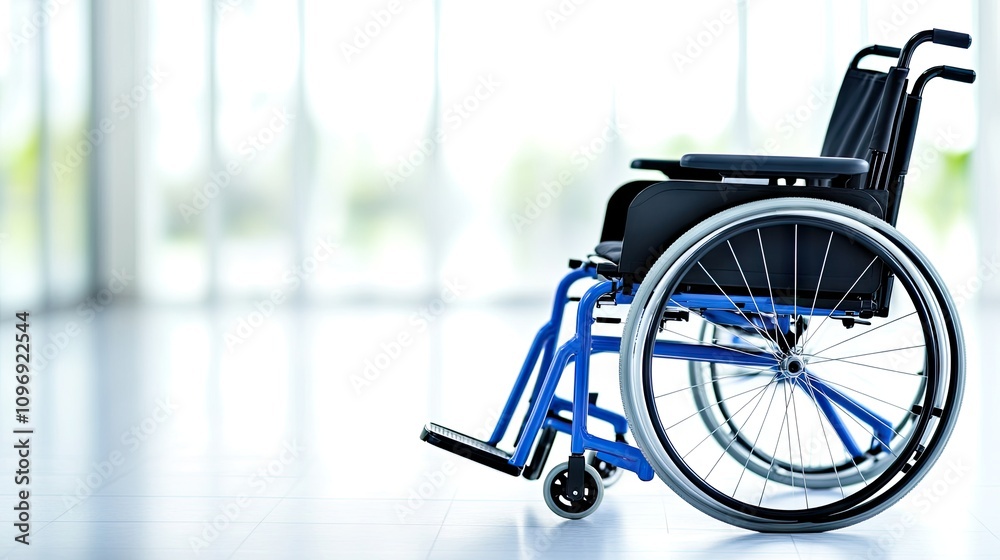 Close-up view of a wheelchair on a hospital floor emphasizing the journey towards recovery and well-being Close-up view of a wheelchair on a hospital floor emphasizing the journey towards recovery and well-being