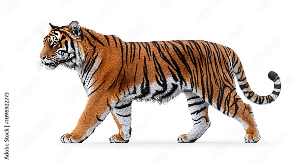 Obraz premium Majestic tiger walking, side profile, isolated on white.