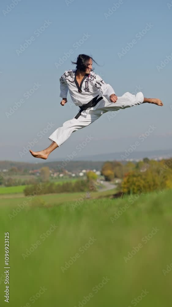 Super slow motion. Martial Artist Skillfully Executing a High Kick Amidst the Beauty of Nature Super slow motion. Martial Artist Skillfully Executing a High Kick Amidst the Beauty of Nature