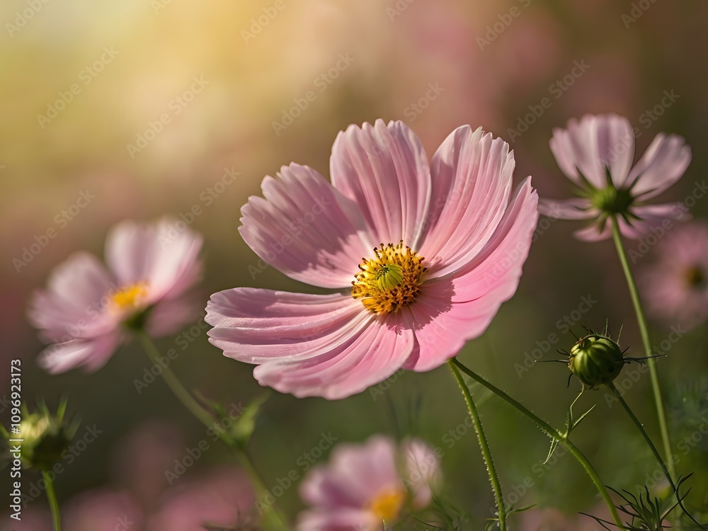 Fototapeta premium Pink Cosmos Flower in Soft Sunlight Blooming Meadow