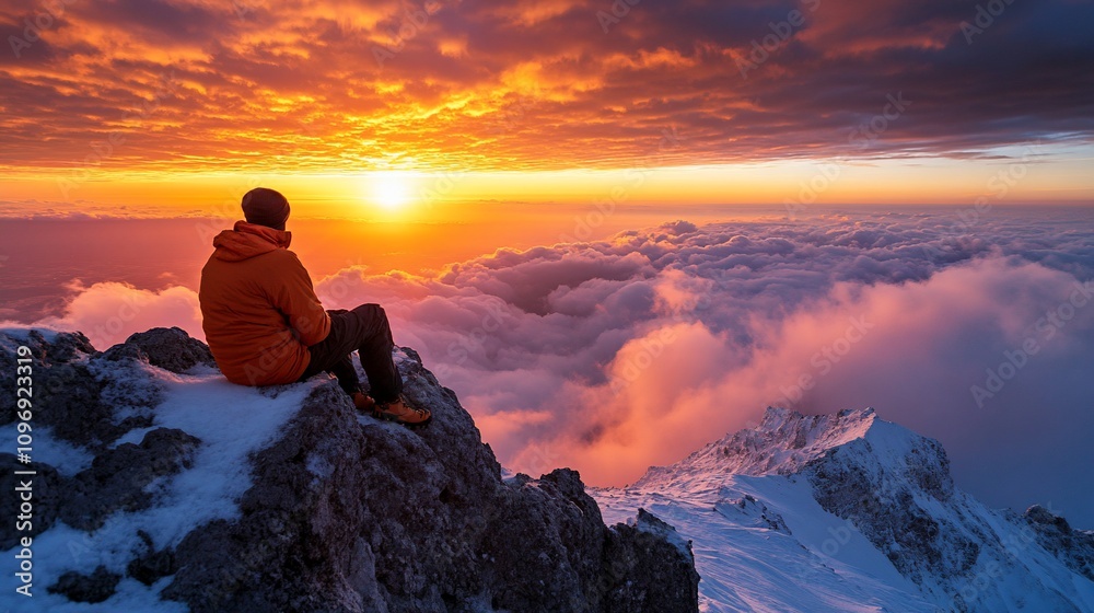 Obraz premium Man enjoying sunset view from snowy mountain peak above clouds.