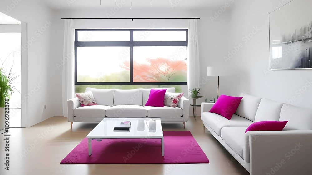 A bright white living room with a white sofa, pink throw pillows, and a pink rug A bright white living room with a white sofa, pink throw pillows, and a pink rug