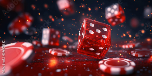 Rolling red dice and casino chips create exciting atmosphere of chance and luck in vibrant gaming environment. dynamic scene captures thrill of gambling photo