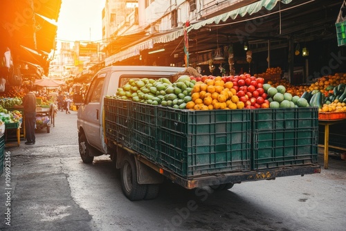 Fototapeta Naklejka Na Ścianę i Meble -  Fresh Produce Delivery Truck in Marketplace