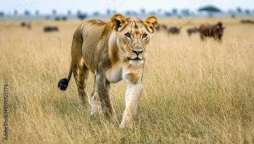 Lioness walking in tall savanna grass towards camera, herd of wildebeest in background. photo