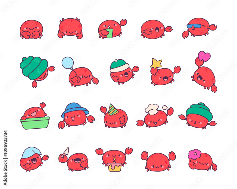 Fototapeta premium Cute kawaii crab cartoon characters for fun summer designs in various adorable poses with playful and joyful expressions including party and beach themes