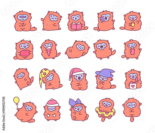 Set of cute kawaii golden snub nosed monkey cartoon characters for kids design with funny adorable furry animals in outline vector style illustrations bundle pack collection